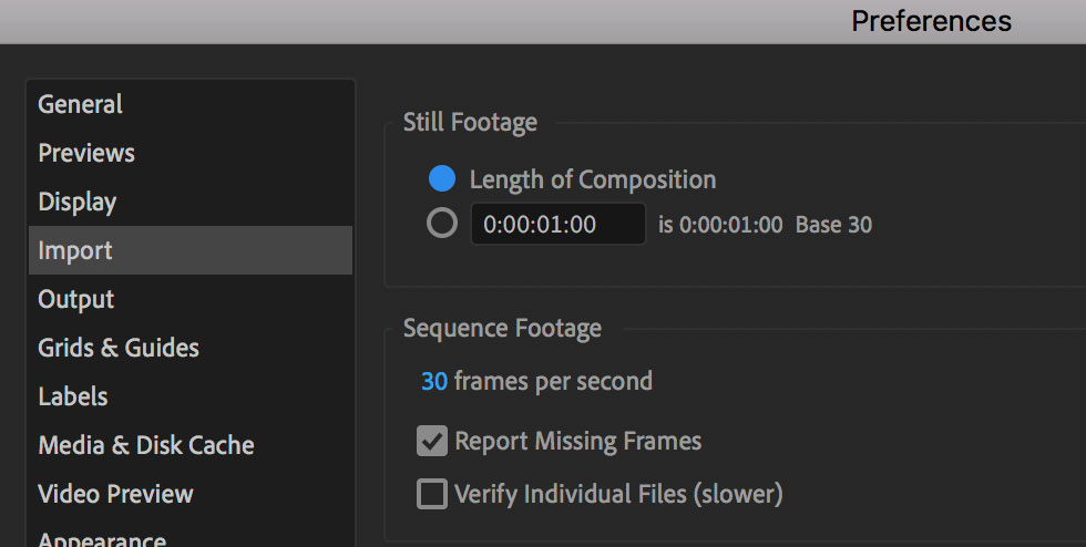 After Effects > Preferences > Import... > Sequence Footage, frames per second