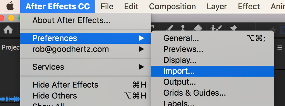 After Effects > Preferences > Import...